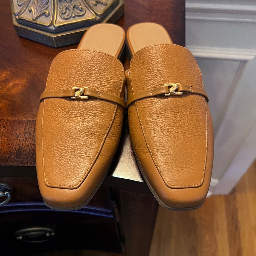 AEROSOLES Tan Leather Slip-On Mules with Gold Accent - Picture 3 of 6